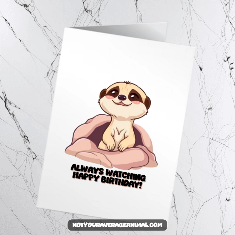 Funny Free Printable Birthday Card: Giggling meerkat peeking out of a burrow with a wide, infectious grin, ready to celebrate.