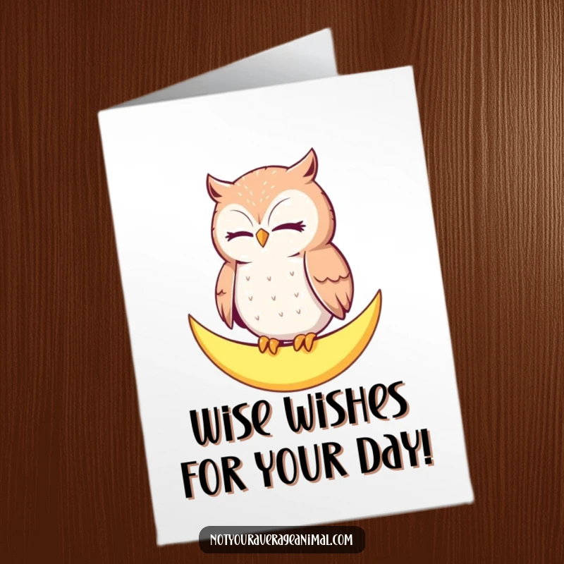 Funny free printable birthday card: A content owl peacefully blinks on a crescent moon, wishing sweet dreams!