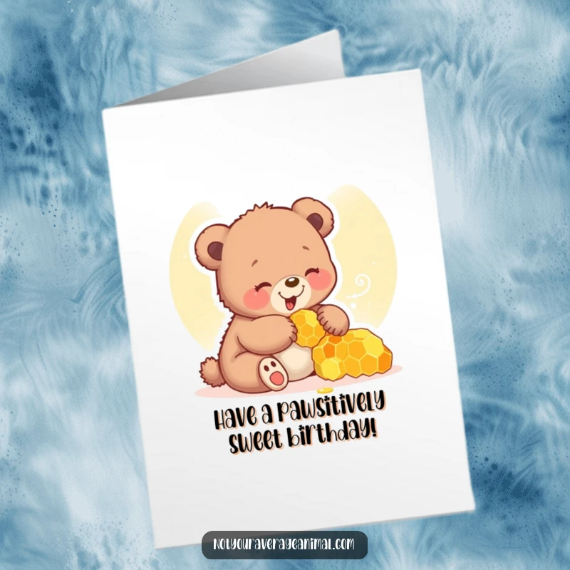 Funny Free Printable bear cub birthday card, giggling while playing with a honeycomb, a sweet and cheerful DIY greeting.