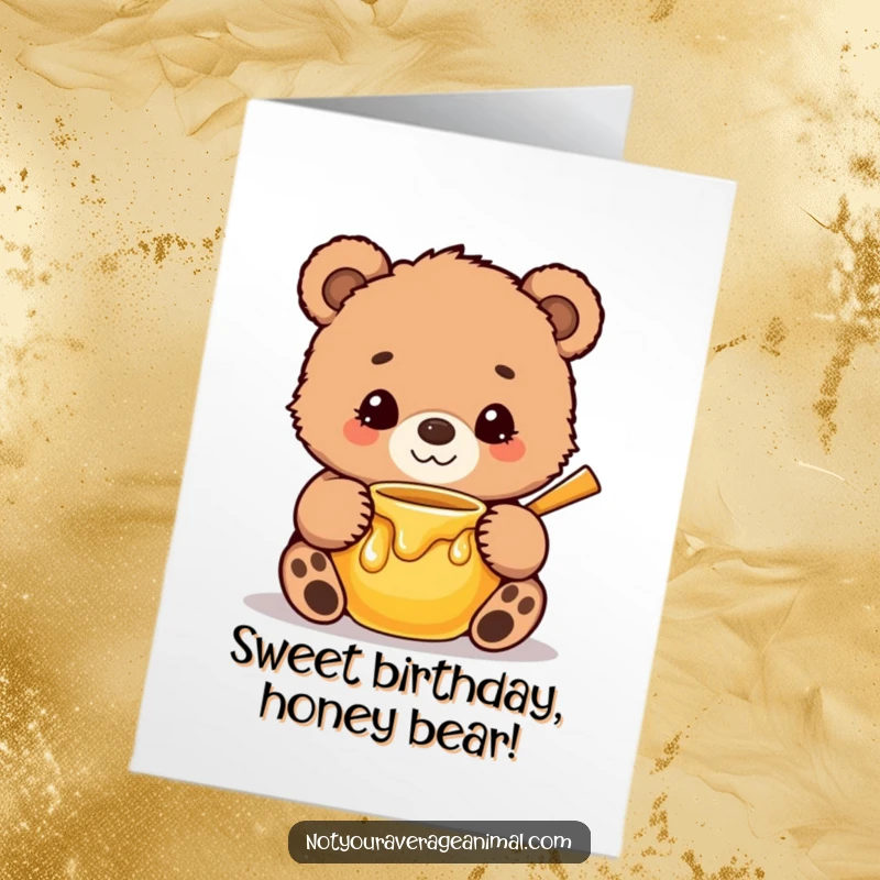 Funny Free Printable Birthday Card: Cute, fuzzy bear cub with a sweet smile happily hugging a pot of honey.