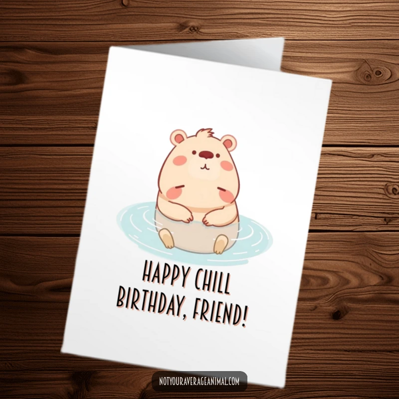 Funny Free Printable Birthday Card: A content capybara character blissfully relaxing in water, embodying ultimate chill and birthday vibes.