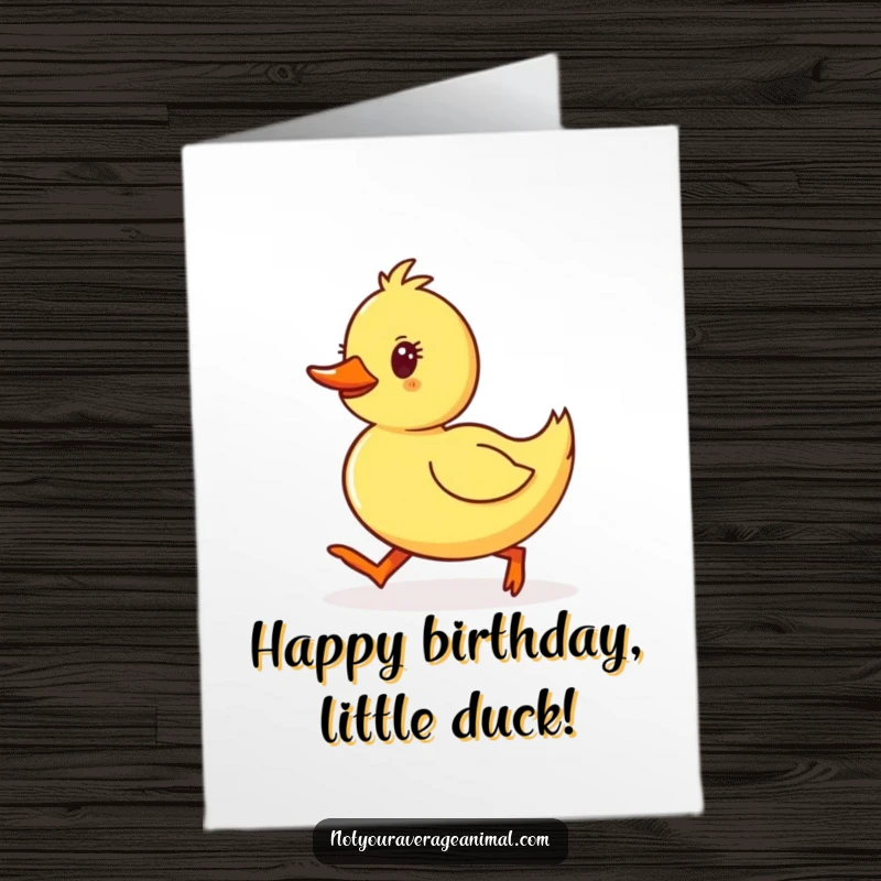 Funny free printable birthday card: A yellow duckling waddling with purposeful, happy steps, conveying birthday cheer.