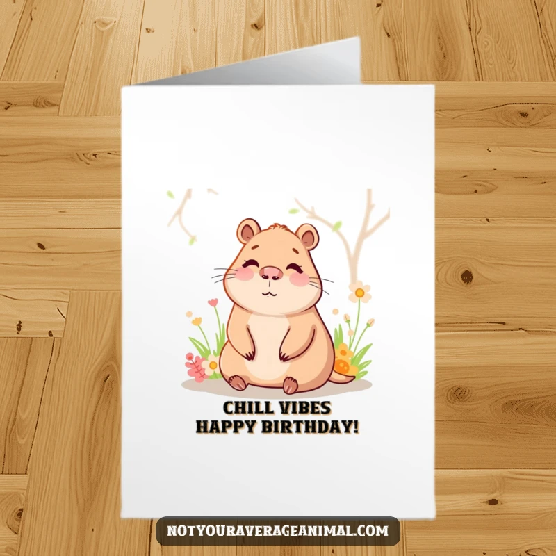Funny Free Printable Birthday Card: A blissfully happy capybara lounging serenely in a warm spring, radiating pure contentment.