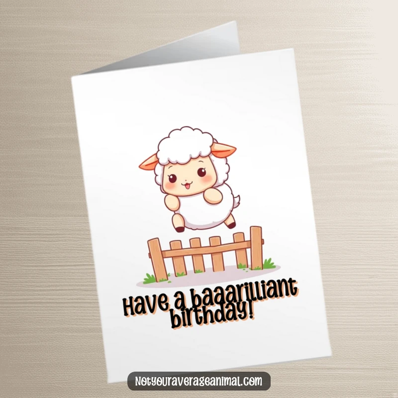 Funny Free Printable Birthday Card of a fluffy sheep character playfully leaping over a small fence with a cheerful expression.