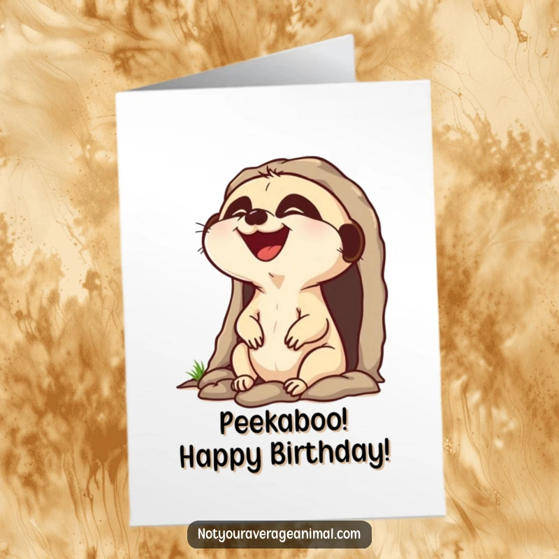 Funny Free Printable Birthday Card of a laughing meerkat character popping its head out of a burrow, full of mirth.