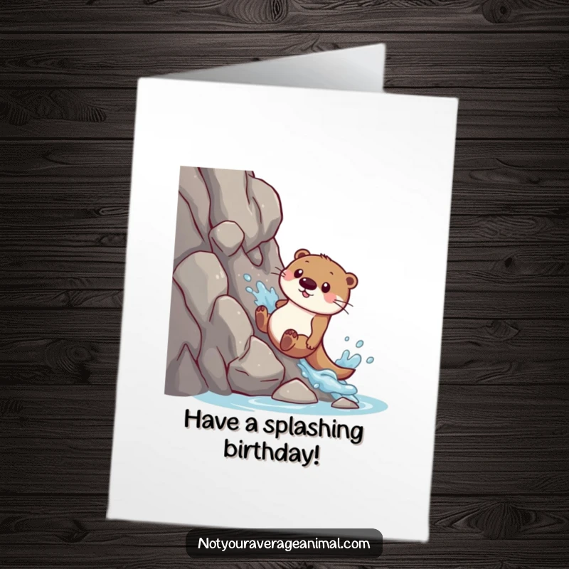 Funny free printable birthday card of a playful otter sliding down a rocky slope, creating a big splash.