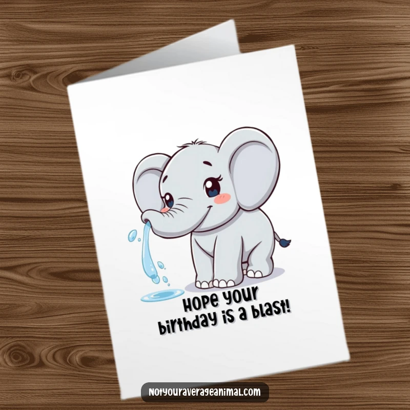 Funny Free Printable elephant birthday card with a friendly trunk happily spraying water, perfect for a refreshing DIY greeting.