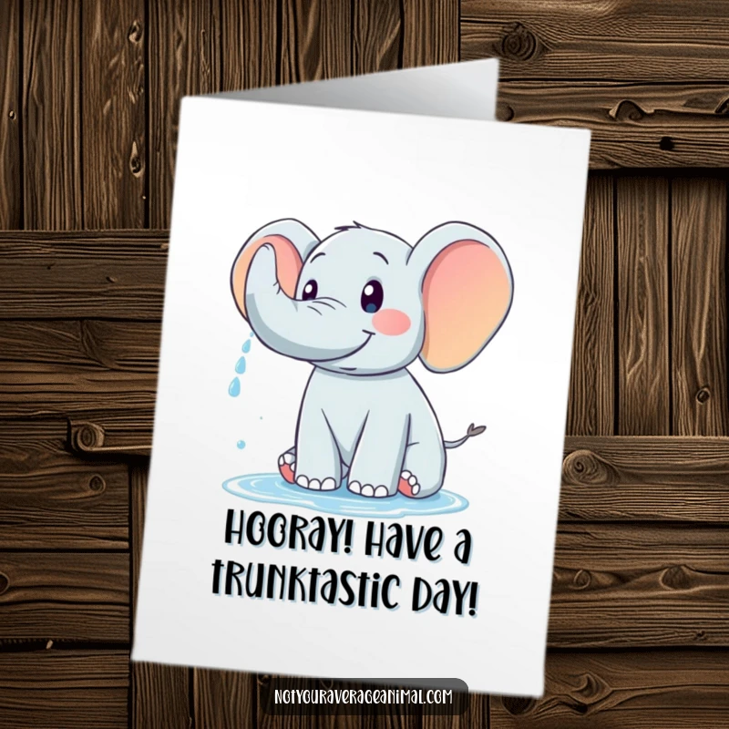 Funny free printable birthday card showing a friendly elephant with a happy trunk joyfully spraying water, celebrating a special day.