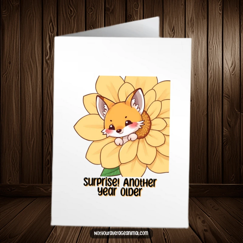 Funny free printable birthday card showing a cute fox peeking playfully from behind a huge, colorful flower.