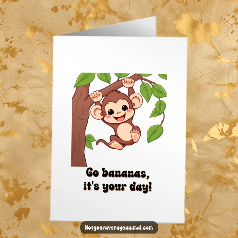 Funny free printable birthday card: A silly monkey with a huge grin joyfully swings from a thick vine.
