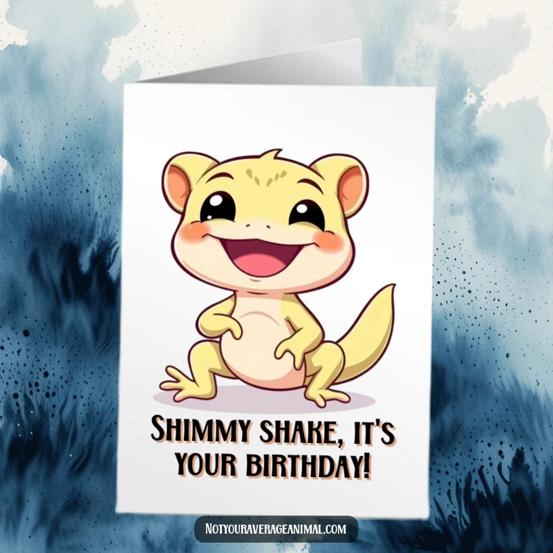 Funny Free Printable Gecko Birthday Card: A smiling gecko doing a happy little shimmy, spreading birthday cheer. Downloadable art.