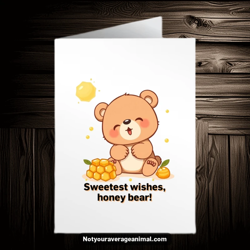 Funny free printable birthday card featuring a giggling bear cub enthusiastically playing with a dripping honeycomb, ready for a happy celebration.