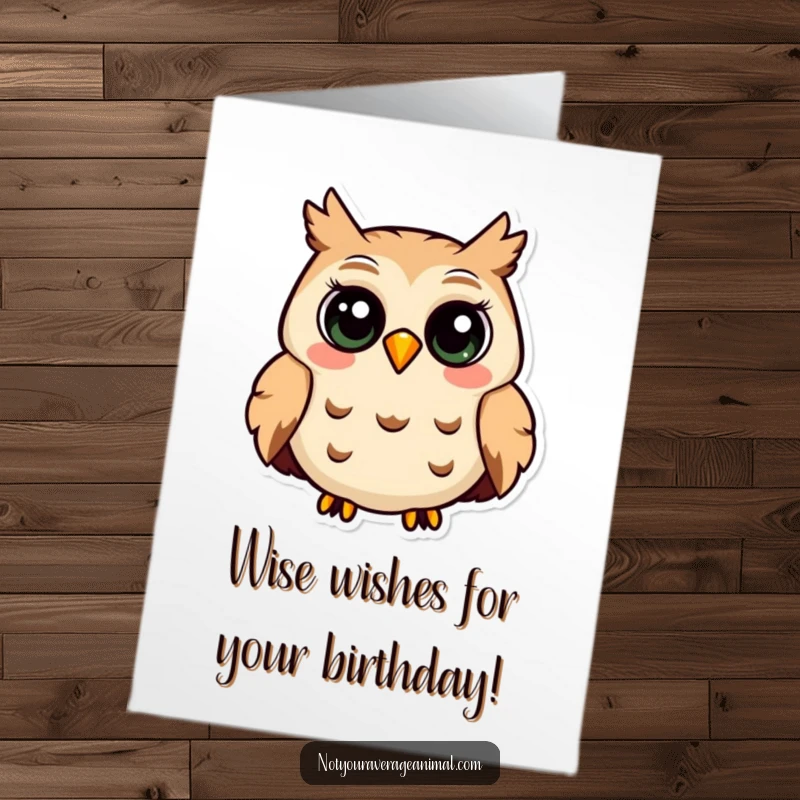 Funny free printable birthday card featuring a smiling owl with large eyes, hooting contentedly, wishing a happy and wise birthday.