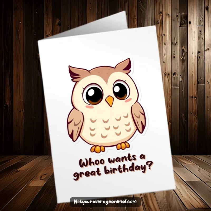 Funny Free Printable owl birthday card with a smiling owl and large eyes hooting contentedly, perfect for a wise DIY greeting.
