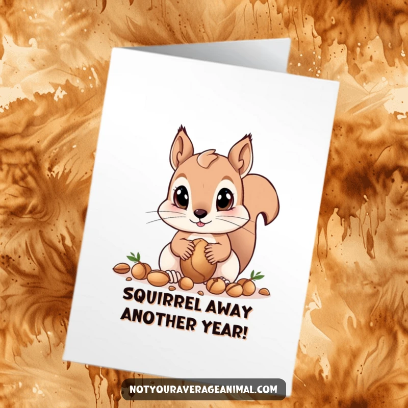 Funny Free Printable Birthday Card: A curious squirrel with big eyes gathers nuts, looking excited to celebrate your special day.