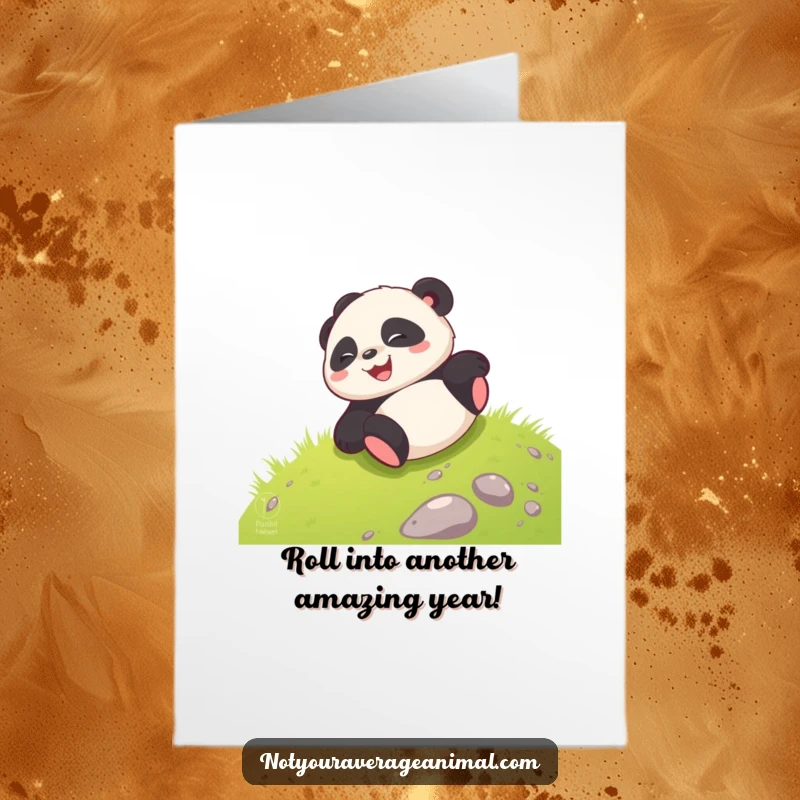 Funny Free Printable Birthday Card: A giggling panda enthusiastically rolling down a green grassy hill. A fun, downloadable gift.