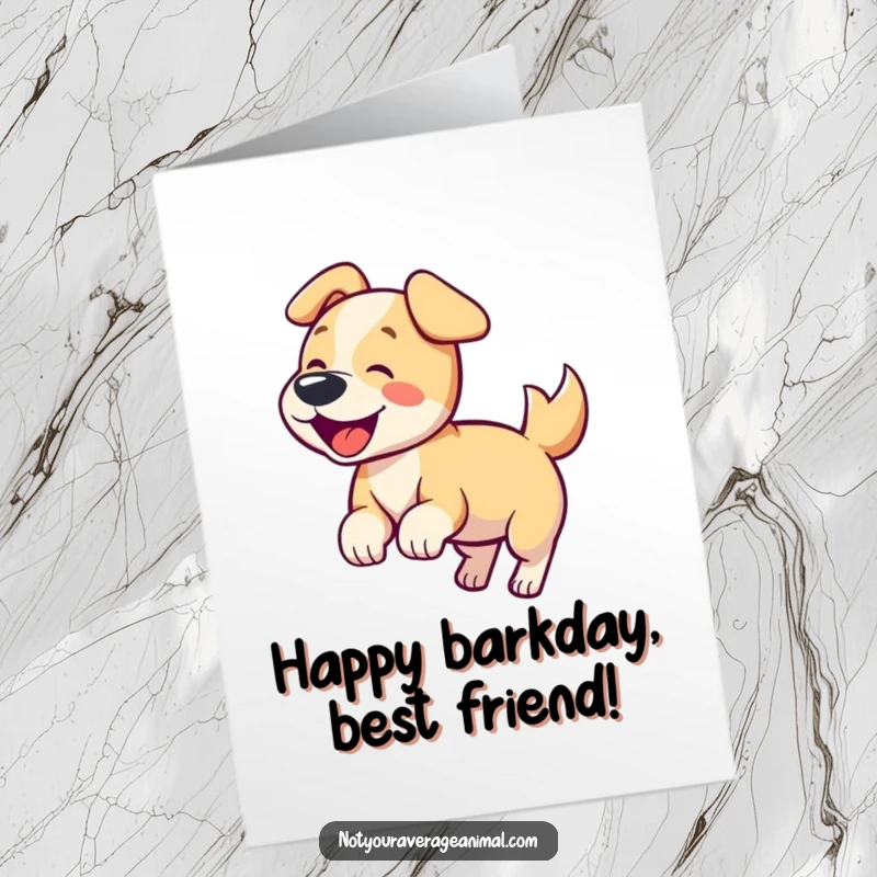 Funny Free Printable Birthday Card: A playful dog wagging its tail furiously while barking with pure, unadulterated birthday happiness.