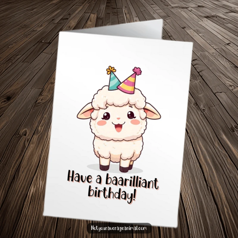 Funny Free Printable Birthday Card: A fluffy sheep in a party hat cheerfully bleats, ready to celebrate a special birthday with infectious joy.