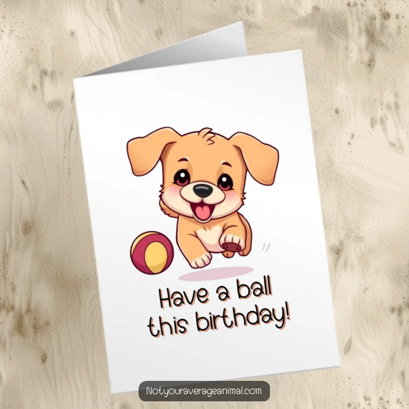 Funny Free Printable Birthday Card: Playful dog with floppy ears joyfully chasing a bouncing ball, ready to party.