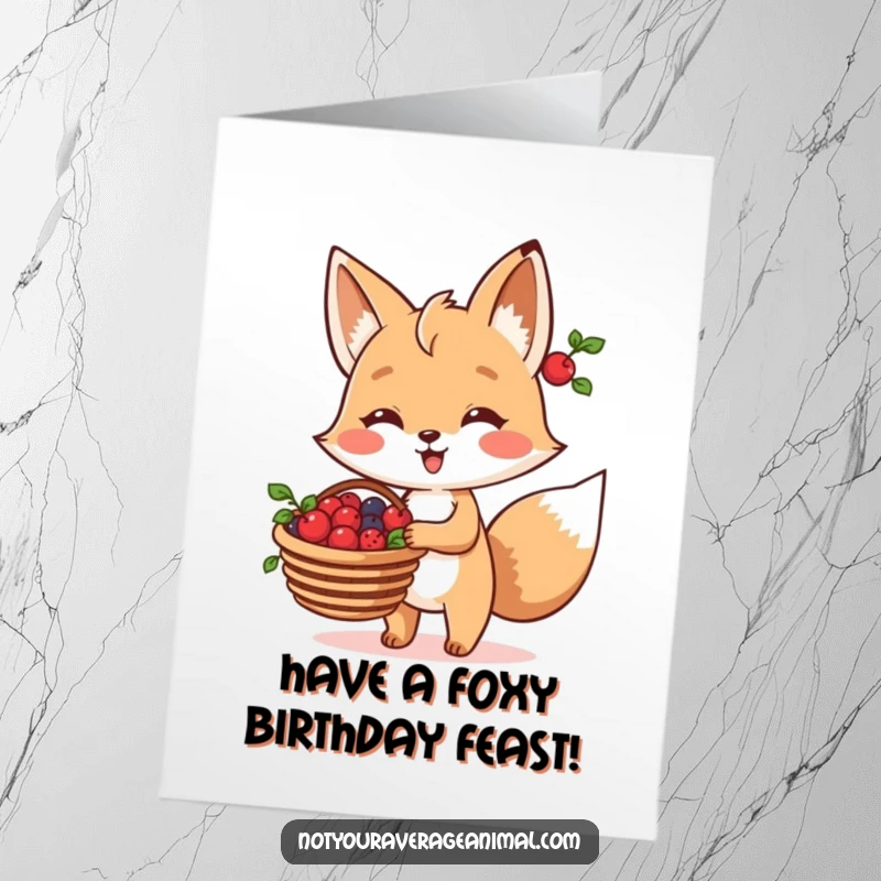 Funny Free Printable Fox Birthday Card: A cheerful fox carrying a basket of berries, celebrating a birthday with zest. Downloadable art.