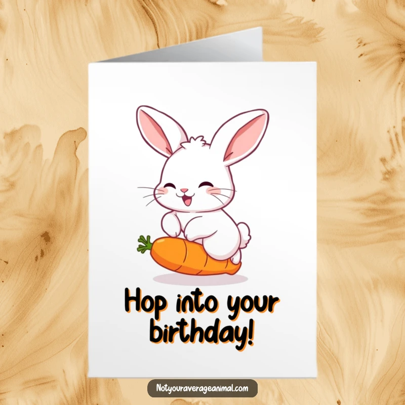 Funny Free Printable birthday card with a fluffy rabbit with big ears joyfully leaping over a bouncing carrot.