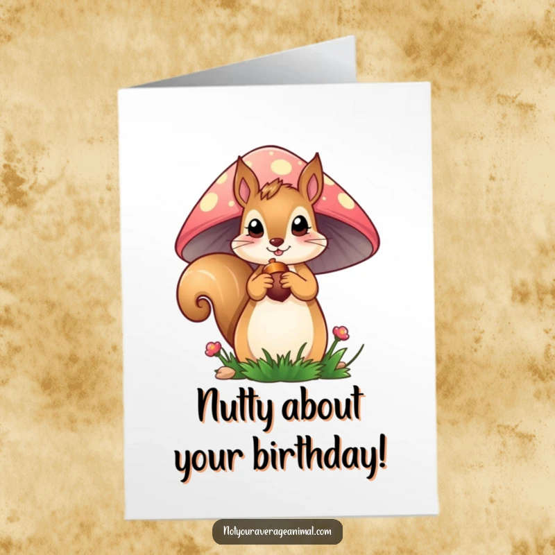 Funny free printable birthday card of a curious squirrel peeking from a mushroom, holding an acorn, ready to deliver birthday cheer.