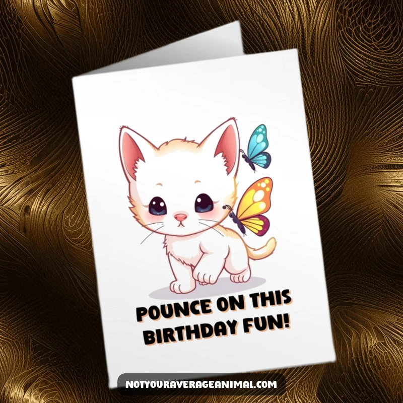 Funny Free Printable Birthday Card: A curious kitten intently chasing a shimmering, colorful butterfly. A playful, downloadable gift.