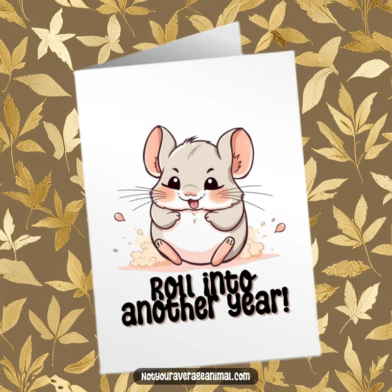 Funny free printable birthday card of a cheerful chinchilla happily rolling in a fluffy cloud of dust.