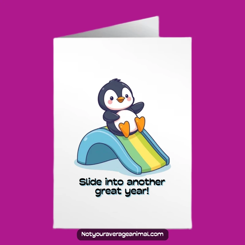 Free Printable Penguin Birthday Card: Hilarious Rainbow Slide Fun for a Joyful Downloadable Gift!