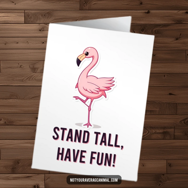 Funny Free Printable Birthday Card: A dancing flamingo character with one leg raised, celebrating with tropical flair.