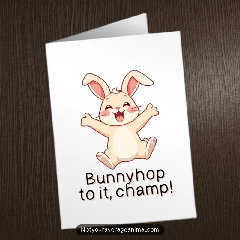 Funny Free Printable Congratulations Card of a leaping bunny with flopped ears expressing pure thrill and excitement.