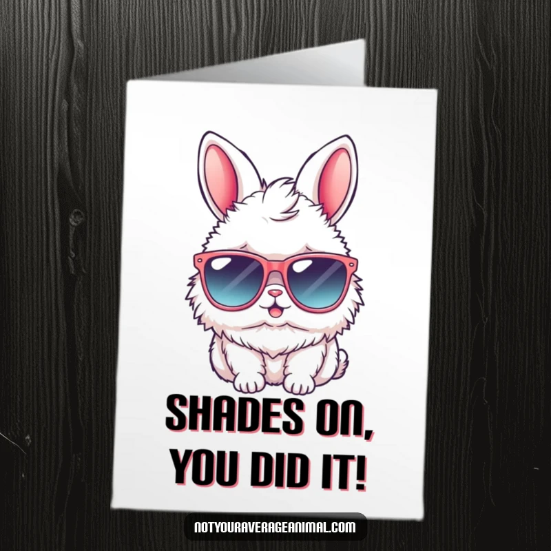 Hilarious free printable congratulations card with a fluffy bunny rocking cool sunglasses, ready to party.