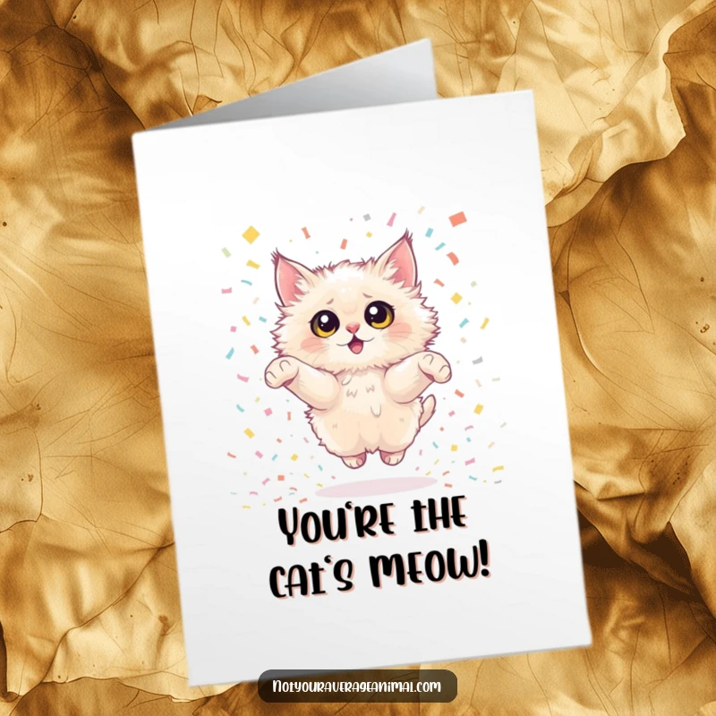 Funny Free Printable Congratulations Card: A fluffy cat with large eyes jumping through a shower of confetti.