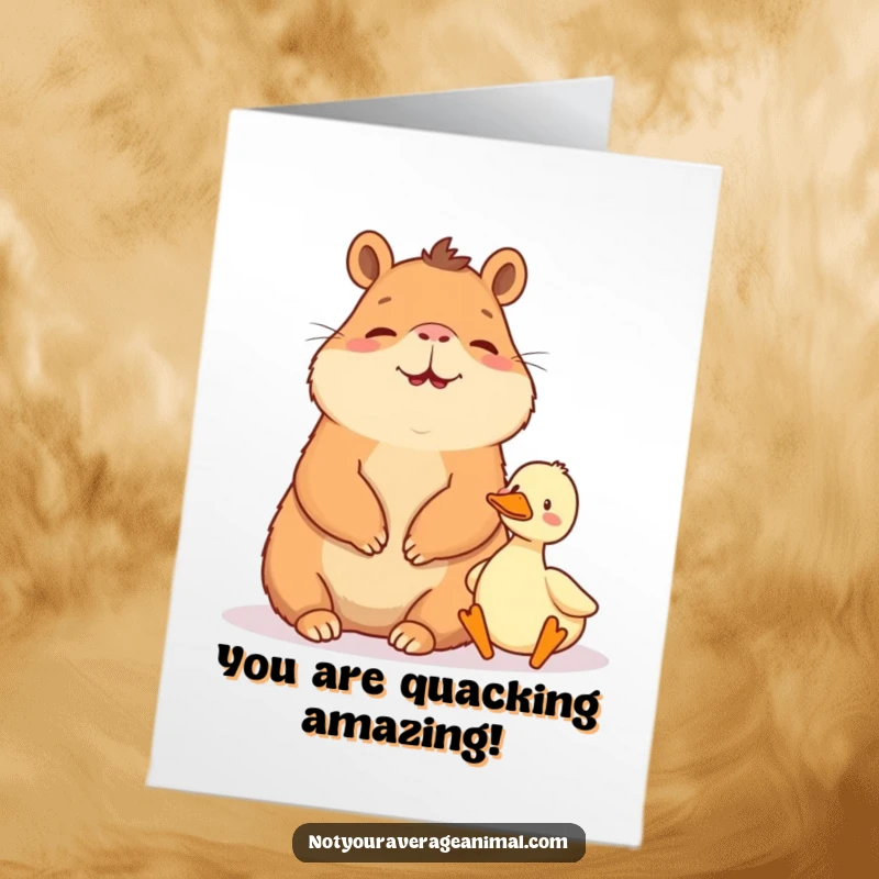 Free printable congratulations card showing a giggling capybara calmly sitting beside a small duck.