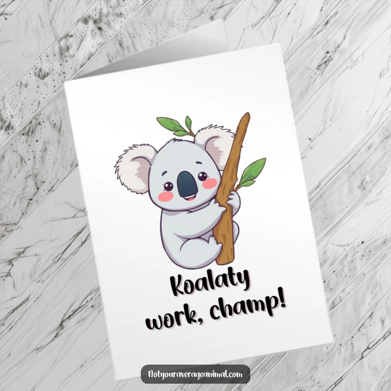 Funny free printable congratulations card featuring a content koala character blissfully hugging a eucalyptus branch, celebrating good news.
