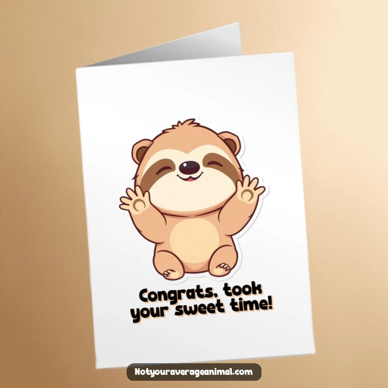 Funny Free Printable Congratulations Card: Amused sloth character slowly waving hello, perfect for celebrating any wonderful occasion with cheer.