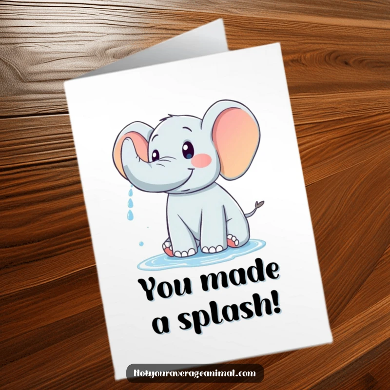 Funny free printable congratulations card featuring a happy elephant whose trunk joyfully sprays water, celebrating a fantastic achievement.
