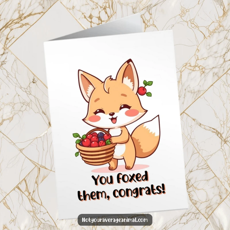 Funny Free Printable Fox Congratulations Card: A cheerful fox carrying a basket of berries to celebrate an achievement. Downloadable art.