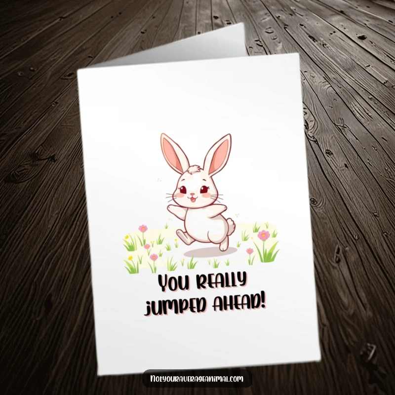 Funny Free Printable Congratulations Card: A cheerful rabbit with long ears hops victoriously through a field.