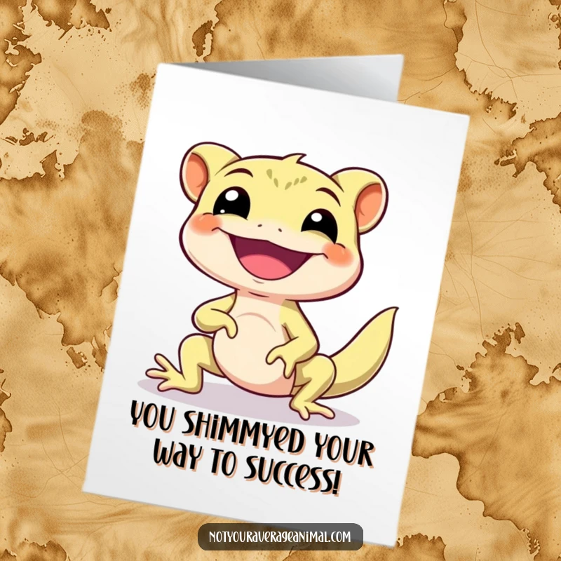 Funny Free Printable Gecko Congratulations Card: A smiling gecko doing a happy little shimmy to celebrate success. Downloadable art.