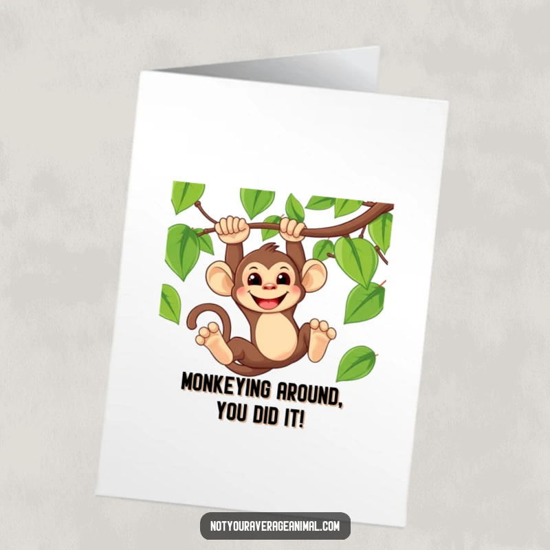 Funny Free Printable Congratulations Card of a mischievous monkey swinging from a vine with a wide, happy grin.