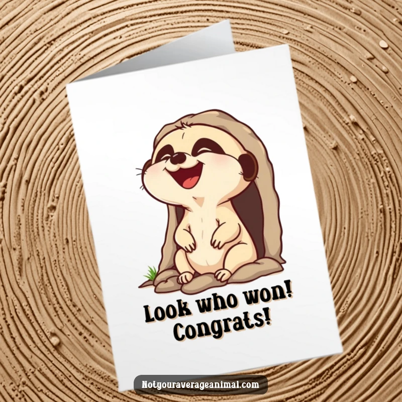 Funny Free Printable Congratulations Card featuring a laughing meerkat popping its head out of a burrow, a joyous celebration.
