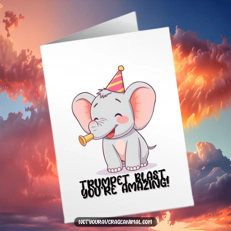 Funny Free Printable Congratulations Card of a joyful elephant blowing a party horn with great enthusiasm.