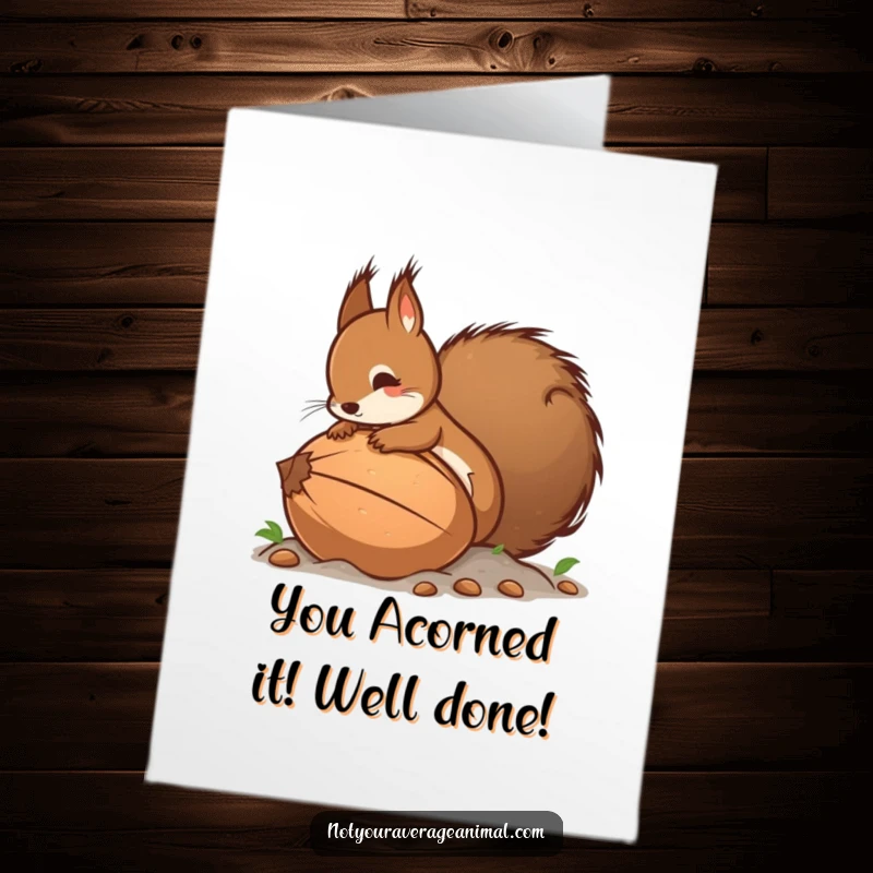 Funny Free Printable Congratulations Card: Squirrel triumphantly buries a giant nut, celebrating a major accomplishment.