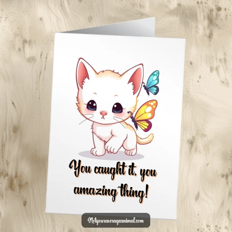 Funny Free Printable Congratulations Card: A curious kitten leaping playfully after a shimmering butterfly. A downloadable art piece.
