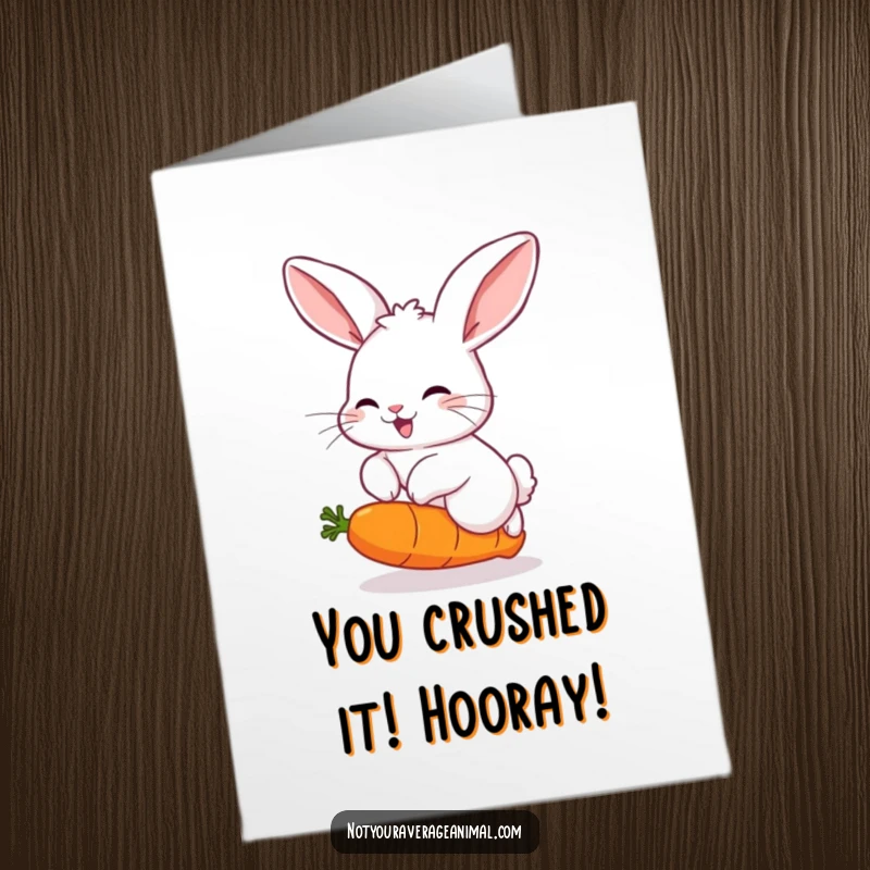 Funny Free Printable congratulations card showing a fluffy rabbit with huge ears joyfully hopping over a lively, bouncing carrot.