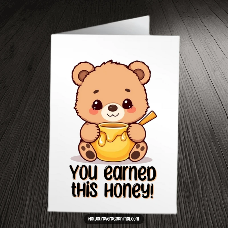 Funny Free Printable Congratulations Card: Cute, fuzzy bear cub with a sweet smile embracing a honey pot in celebration.