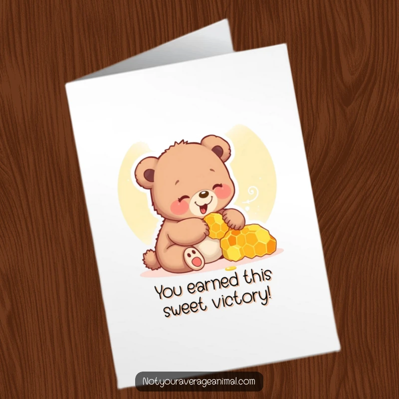 Funny Free Printable bear cub congratulations card, giggling with a honeycomb, celebrating sweet achievements with a DIY touch.