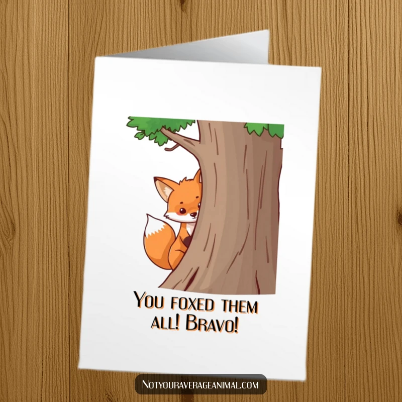 Funny Free Printable Congrats Card: A playful fox with a bushy tail peeks from behind a tree, offering congratulations with a sly grin.