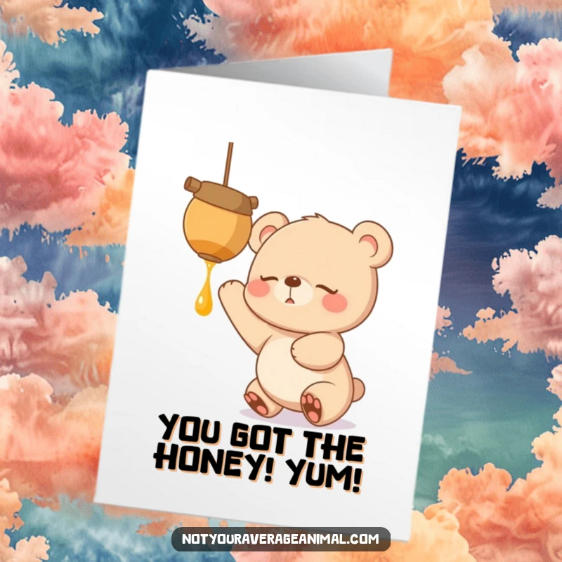 Funny Free Printable congratulations card of a sleepy bear cub eagerly stretching towards a dangling pot of delicious honey.